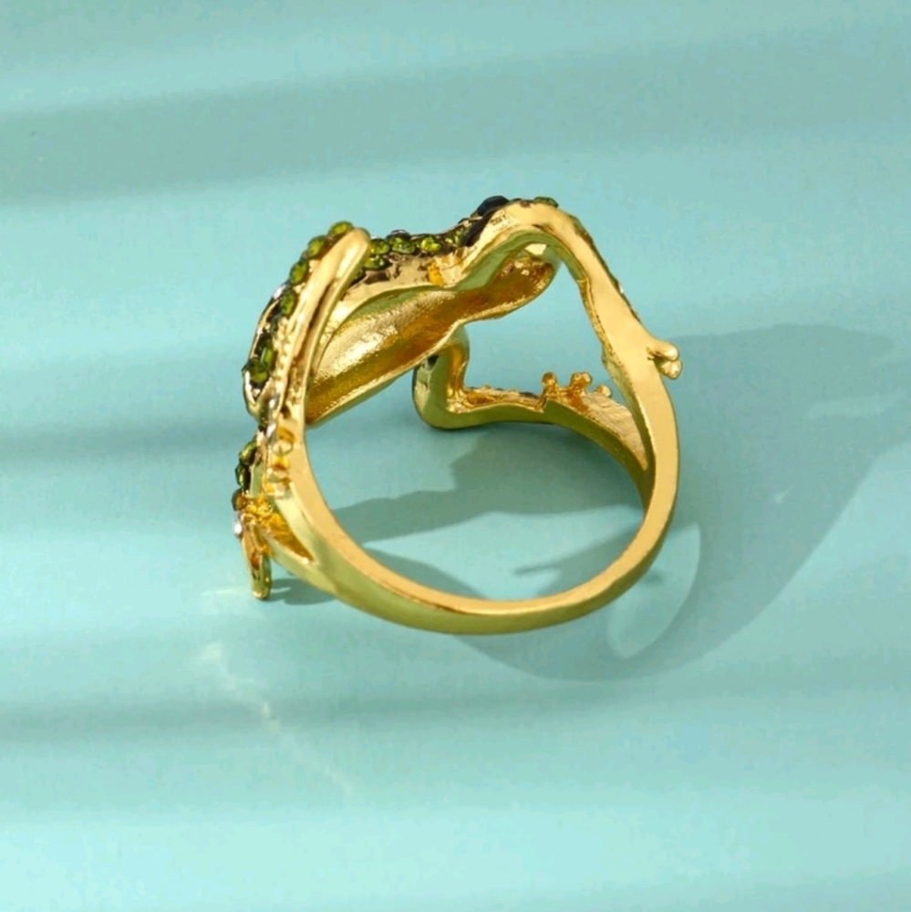 Rhinestone Frog Ring - Gold, Green - Picture 3 of 4
